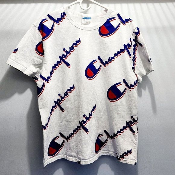 Champion Vintage 90s AOP T Shirt Front Back Logo Rare White Heavy Weight Size XL - Picture 1 of 4